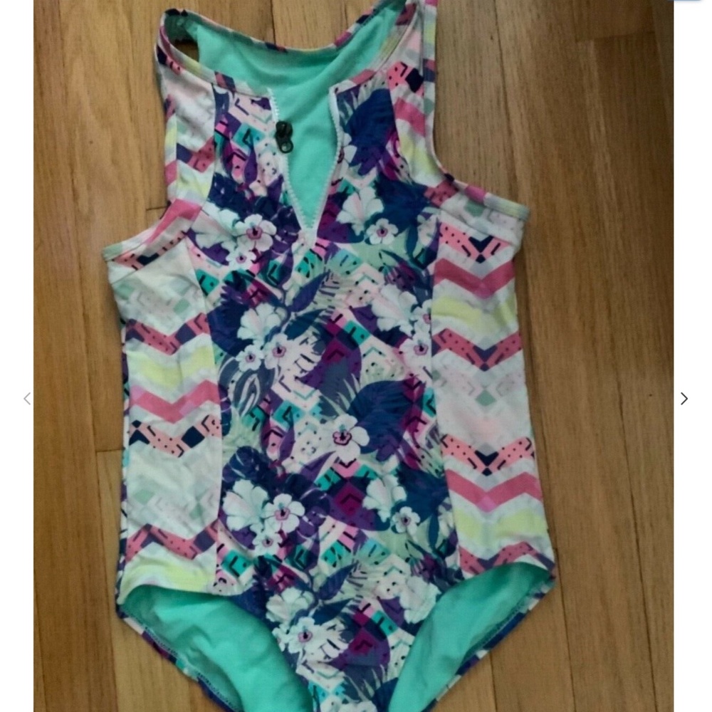 Girl Floral One Piece Swim Suit Size 14 BROKEN Zipper Blue Hawaiian